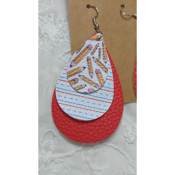Dangle Teardrop Vinyl Teachers Earrings Pencil Notebook Lightweight - Picture 2 of 5